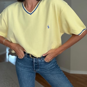 Vintage POLO RALPH LAUREN Yellow V Neck Sweater Blue Trim Cotton Pullover