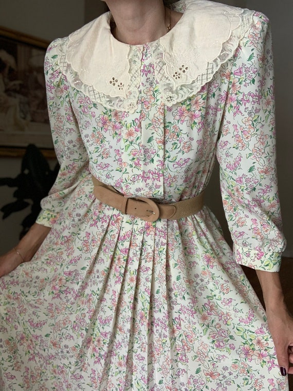 Vintage 70s Linen Collar Floral Dress - image 7