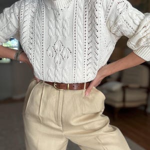 Vintage Inspired Ivory Cable Knit Pullover Cozy Openwork Sweater Boho Chic Knitwear
