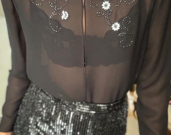 Vintage Y2K ADRIANNA PAPELL Evening Essentials Sheer Elegant Beaded Blouse Top