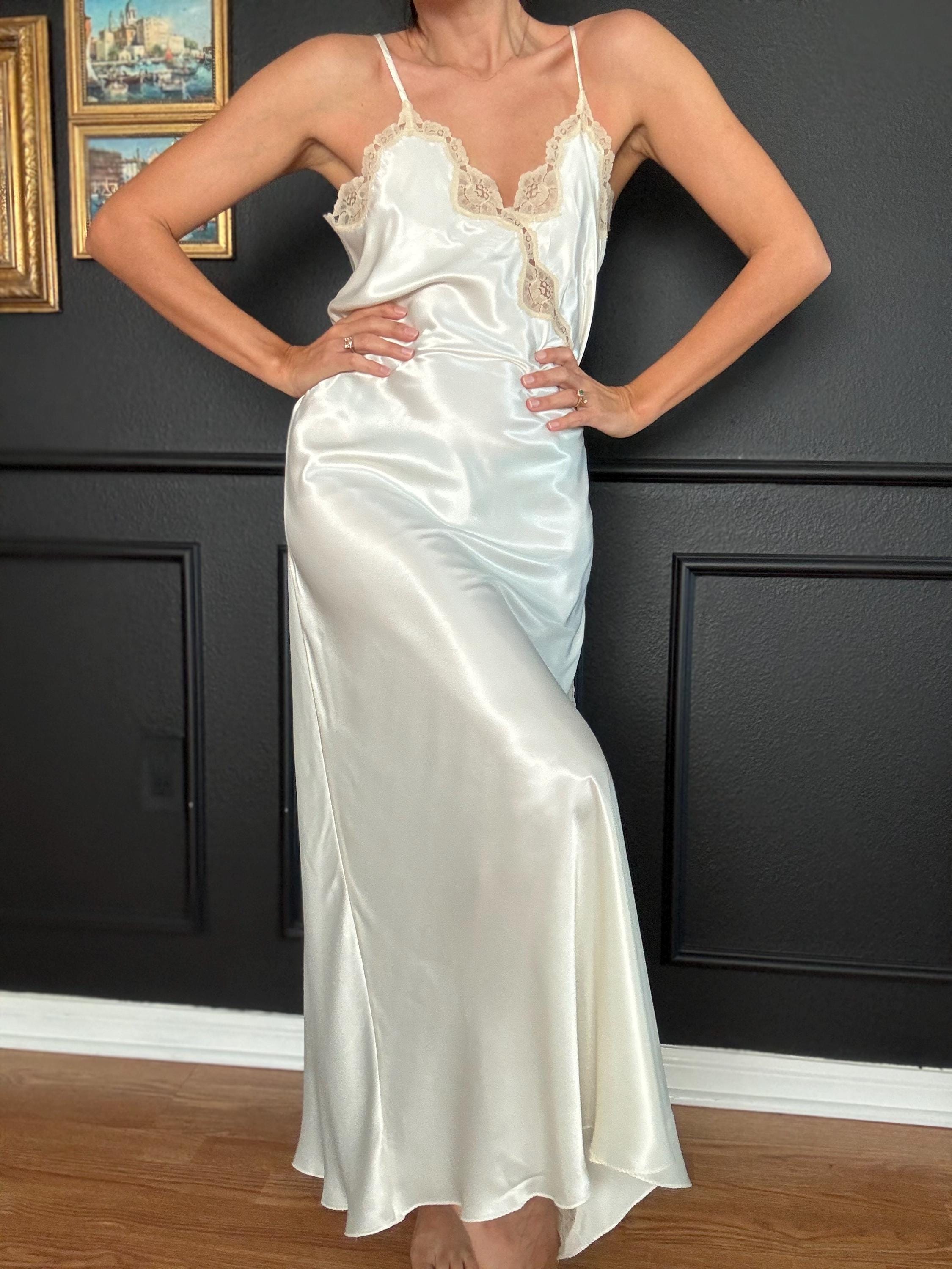lord and taylor white lace dress Vintage LORD AND TAYLOR Creamy White Satin Slip Dress Wits Lace Details