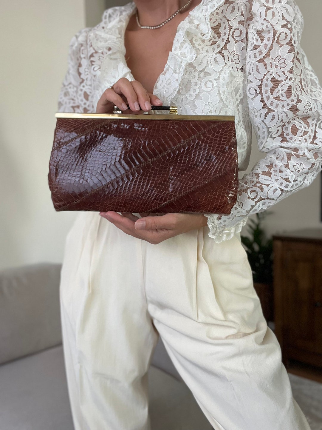 Vintage 90s Genuine Snake Leather Gold Toned Chain Bag - Etsy