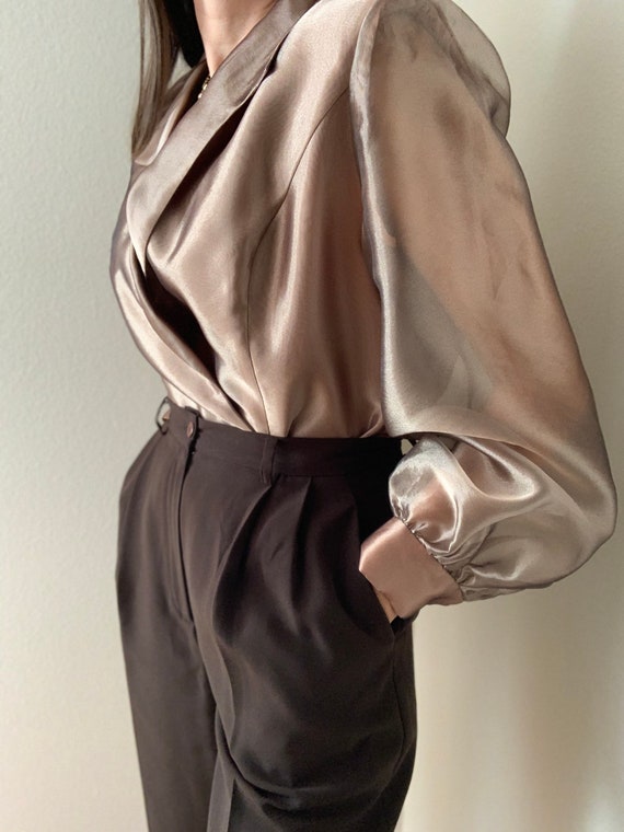 Vintage Bronze Organza Puff Sleeves Blouse