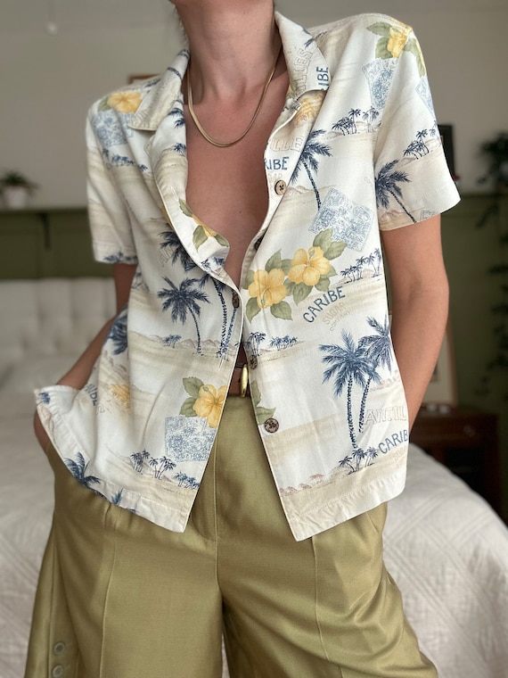 Vintage Y2K Tropical Print Rayon Shirt
