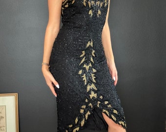 Vintage Pure Silk Beaded Cocktail Dress Gatsby Dress