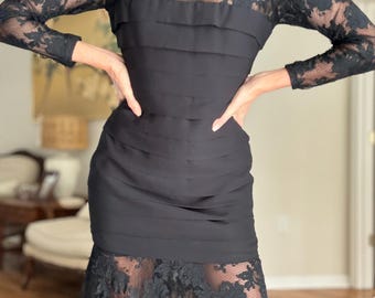 chinese dress ladies Norma Kamali // Black & Beige Floral Lace Open Back Gown – VSP Consignment main image 1