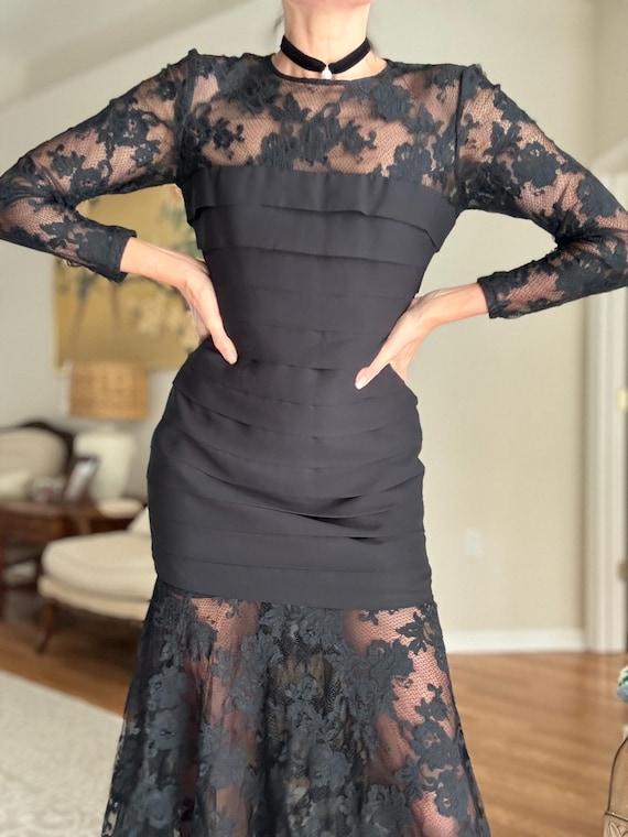 black lace fit and flare dress with sleeves Two-Tone Black Lace Three-Quarter Sleeve Fit Flare Formal Dress