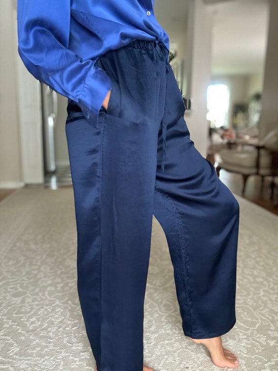 Vintage 90s Pure Silk Unisex Blue Pants - image 3