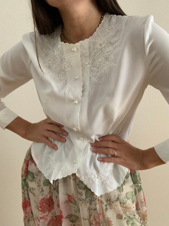 Vintage Beaded White Blouse - image 3