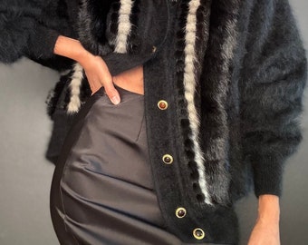 Vintage 90s BELLDINI Angora Rabbit Hair Lambswool Black Coat Bomber