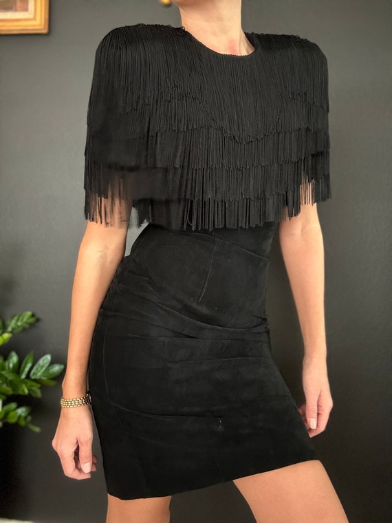 Vintage PIA RUCCI Genuine Suede Fringe Black Dress