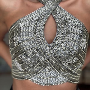 Vintage Envious by Karishma Creations Beaded Halter Silver Crop Top with Open Back