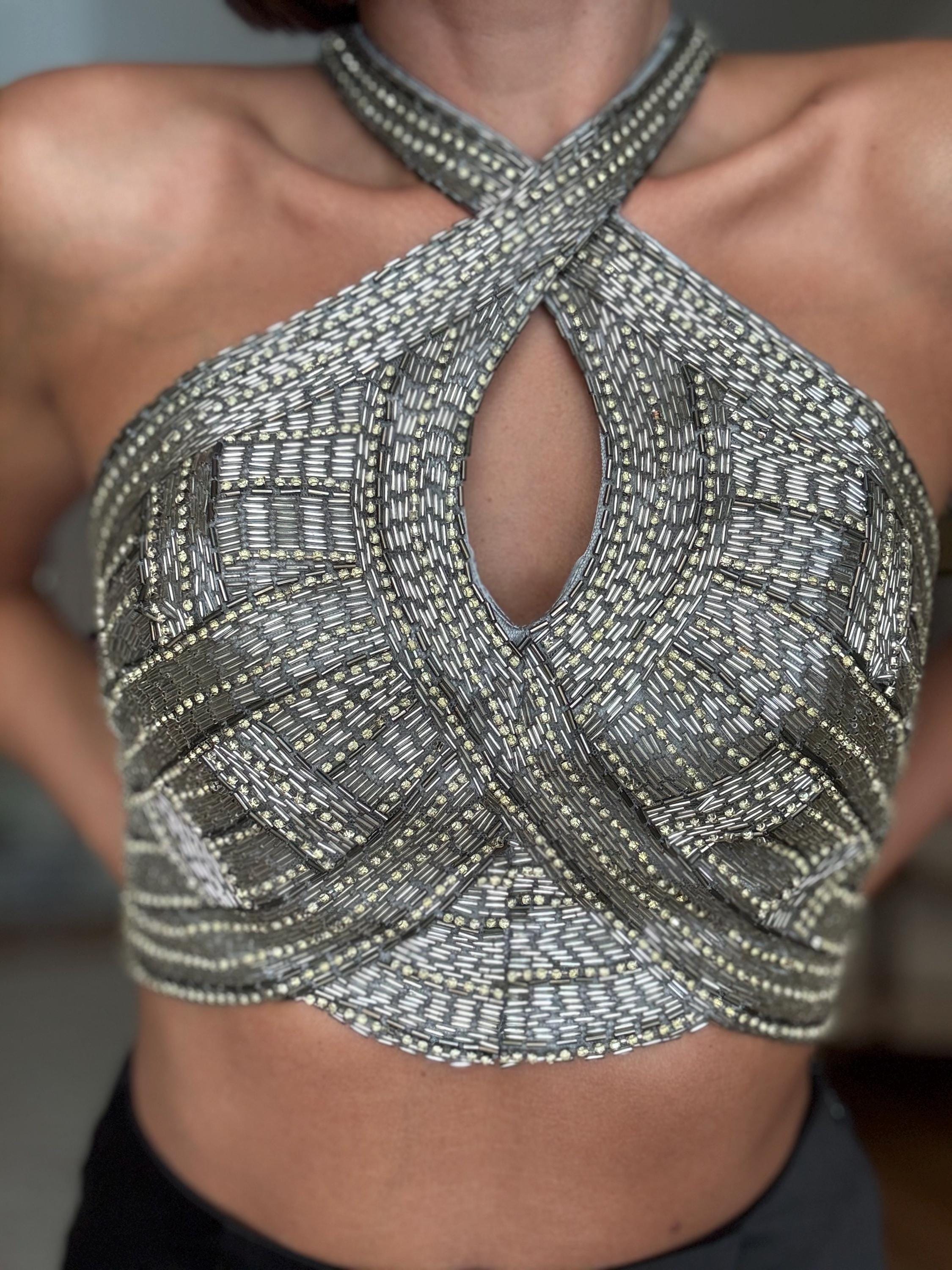 Vintage Envious by Karishma Creations Beaded Halter Silver Crop Top with Open Back