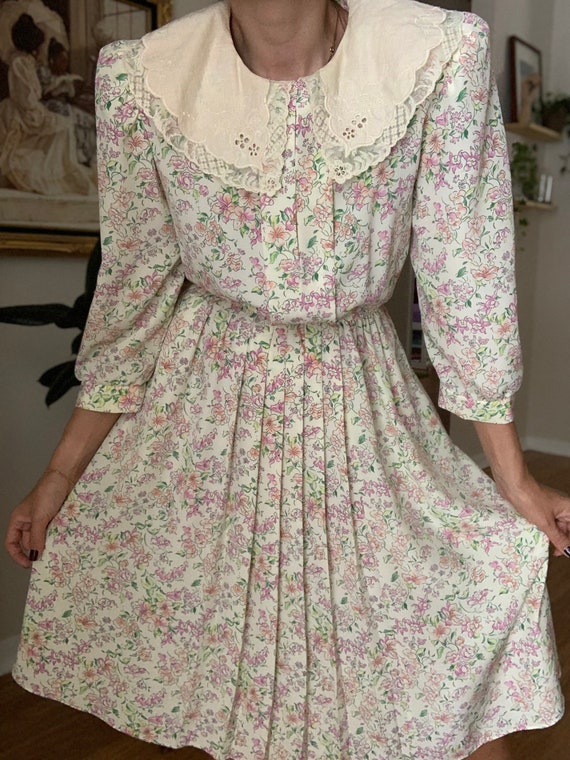 Vintage 70s Linen Collar Floral Dress - image 6