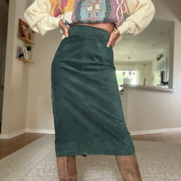 Vintage LORD AND TAYLOR High Waisted Green Leather Skirt