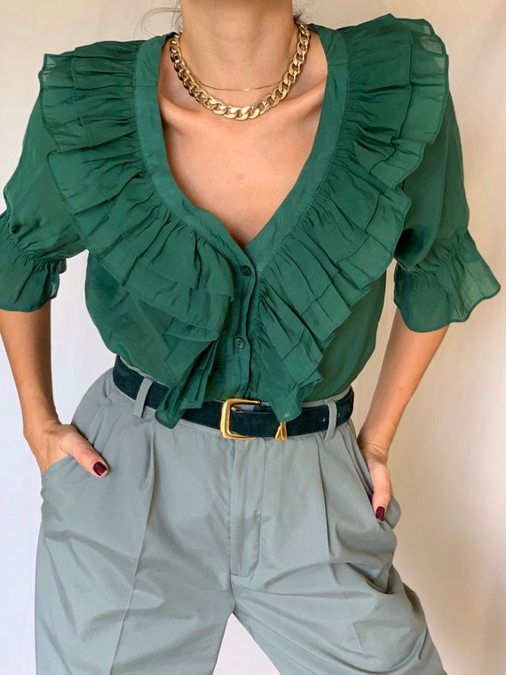 Vintage Ruffle Collar Green Blouse