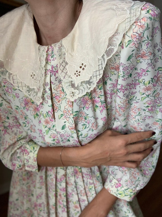 Vintage 70s Linen Collar Floral Dress - image 5