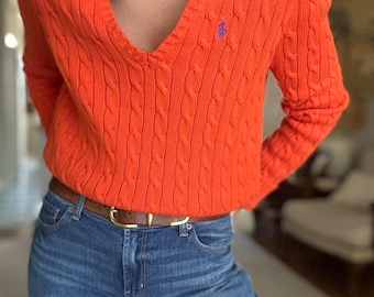 Vintage RALPH LAUREN Sport Cotton V Neck Orange Colour Pullover