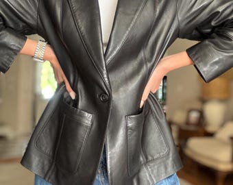 Vintage Y2K COLE HAAN Genuine Lamb Skin Leather Black Blazer Jacket