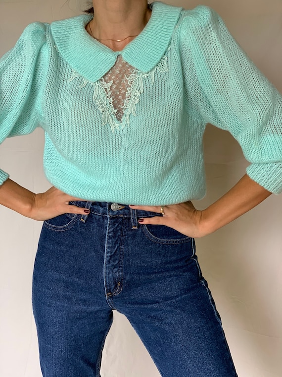 Vintage 80s Turquoise Puff Sleeves Front Details S