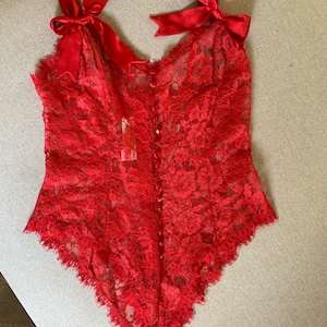 Vintage VICTORIAS SECRET 80s Gold Label Red Lace Bodysuit image 1