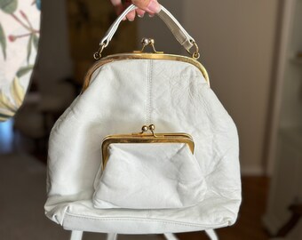 Vintage White Leather Gold Framed Clutch Bag Backpack