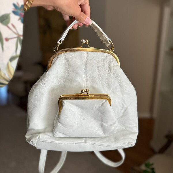 Vintage White Leather Gold Framed Clutch Bag Backpack