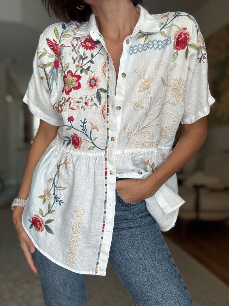 JOHNNY WAS Women Floral Embroidered Whitr Linen Tunic - Etsy