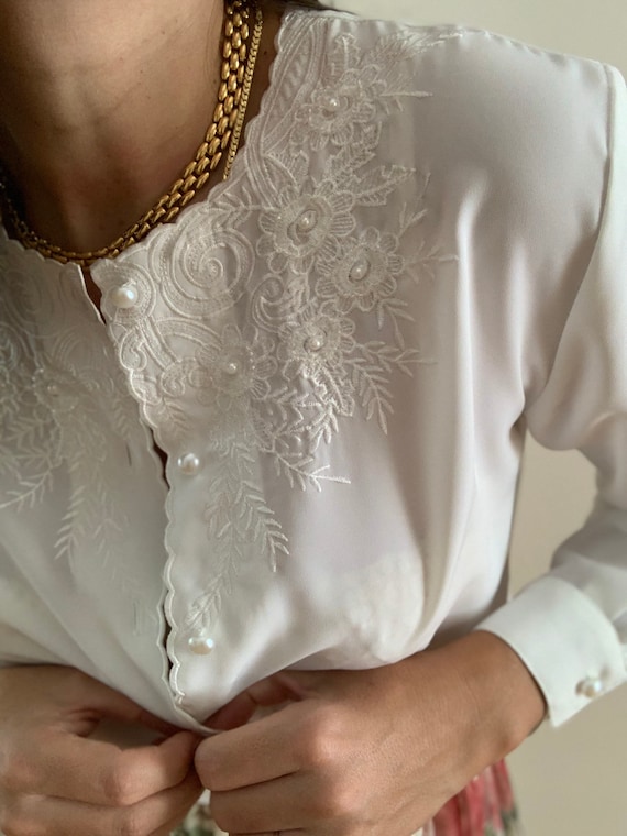 Vintage Beaded White Blouse - image 4