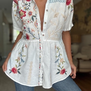 JOHNNY WAS Women Floral Embroidered Whitr Linen Tunic