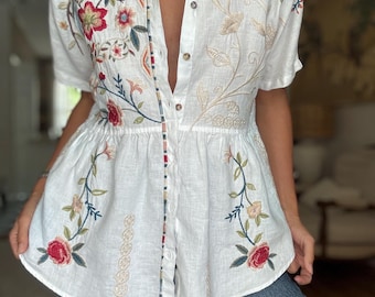 JOHNNY WAS Women Floral Embroidered Whitr Linen Tunic
