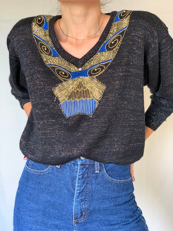 Vintage 70s Black Metallic Embroidered V neck Pul… - image 3