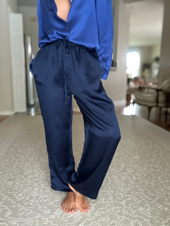 Vintage 90s Pure Silk Unisex Blue Pants - image 1