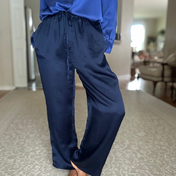 pantalon bleu unisexe pure soie des années 90