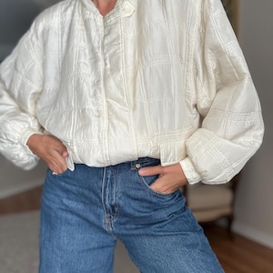 Vintage 90s Silk Bomber Jacket Cream Textured Satin, Lightweight Elegant Outerwear