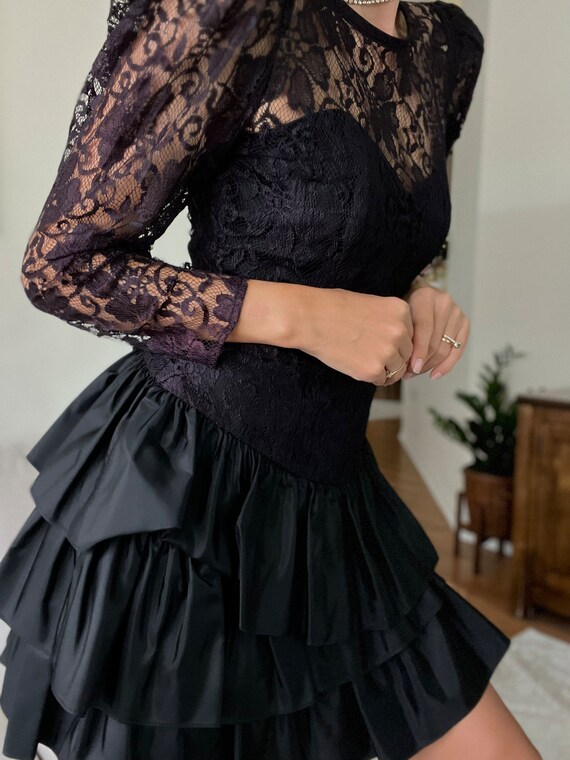 Vintage 90s Corset Fluffy Skirt Black Lace Dress - image 9