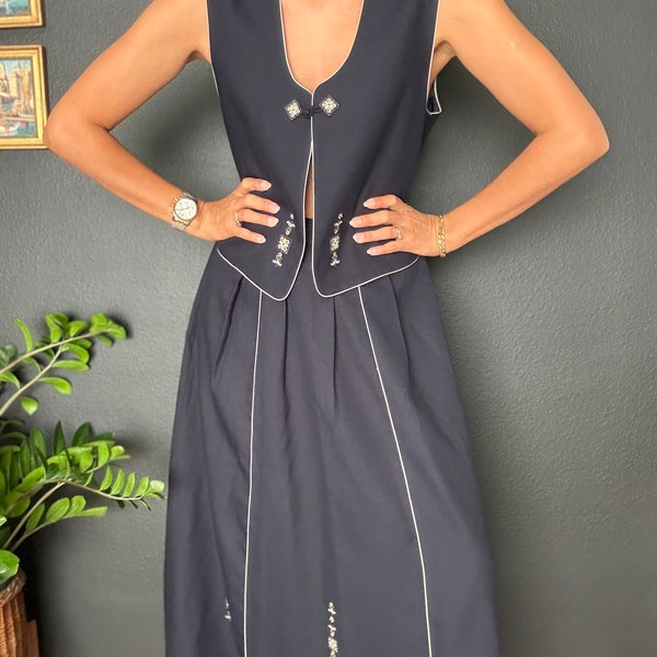 Vintage Navy Blue Embroidered Vest with High Waisted Long Skirt