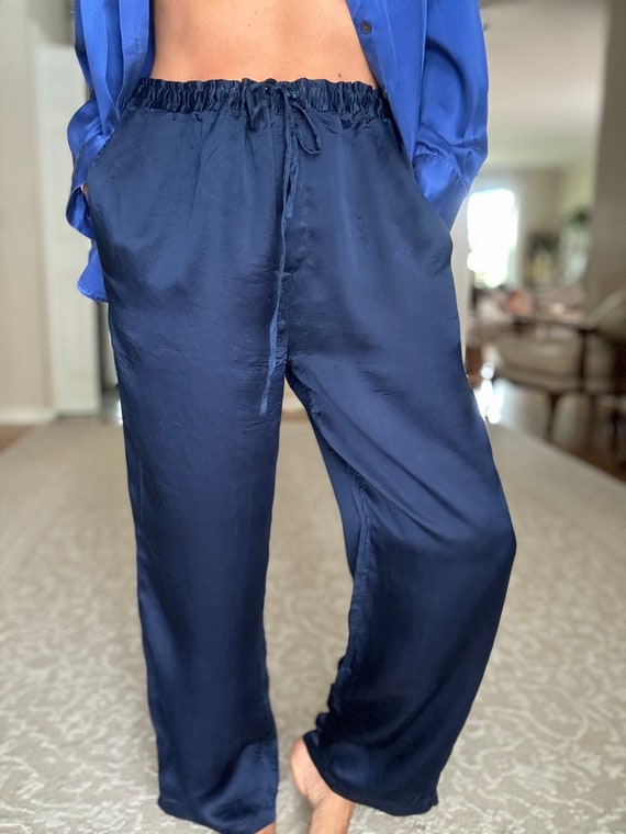 Vintage 90s Pure Silk Unisex Blue Pants - image 2