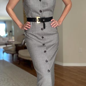 Vintage TALBOTS 90s Pure Wool Houndstooth Print Button Up Sleeveless Dress