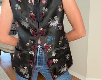 Chaleco vintage Y2K Peony Oriental Rojo Negro Estilo Seda Top Reversible Chaleco Chino