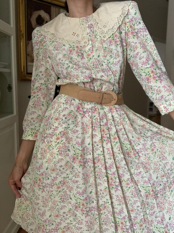 Vintage 70s Linen Collar Floral Dress - image 4