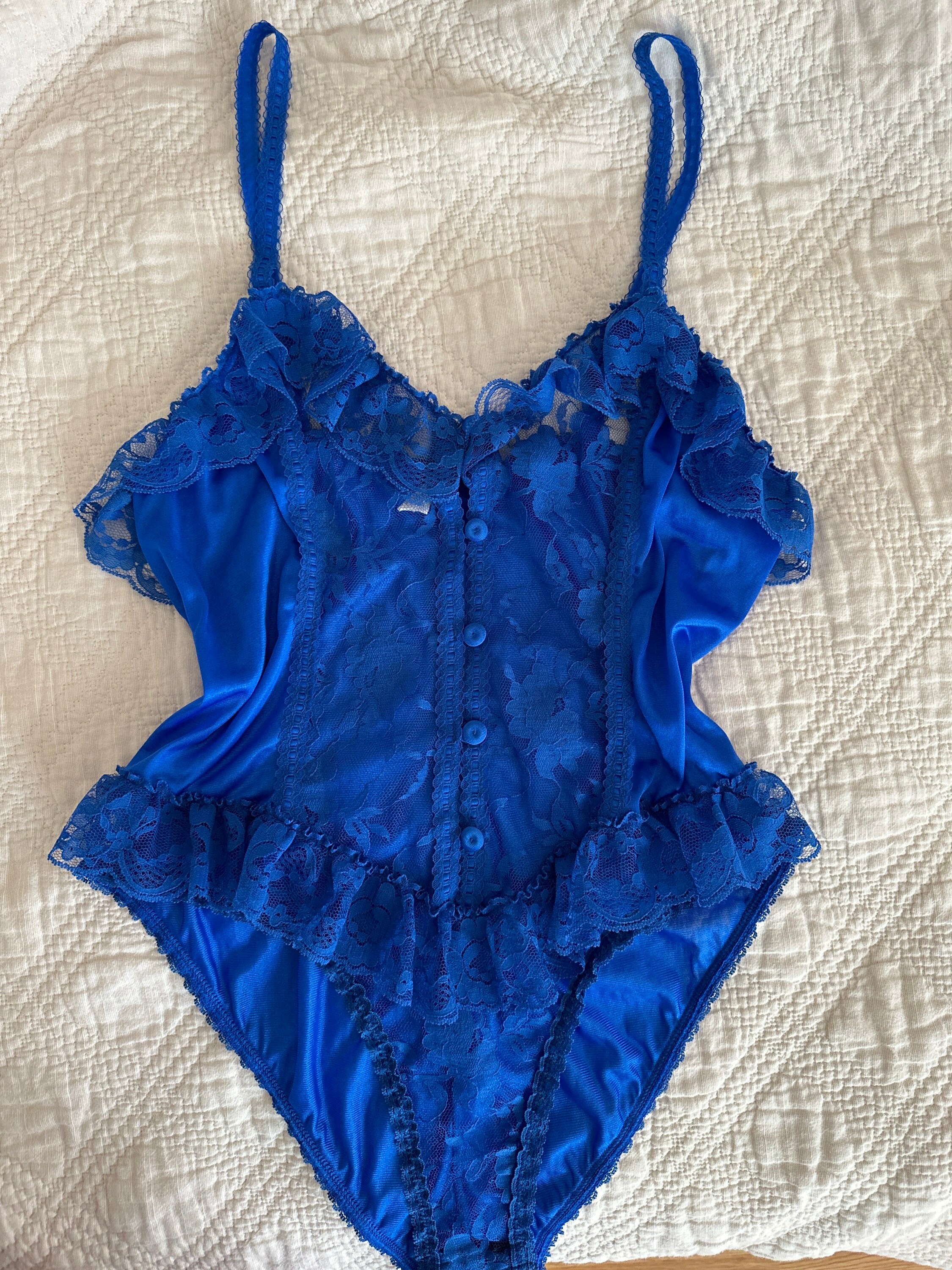 Vintage 80s Blue Lace Bodysuit Etsy
