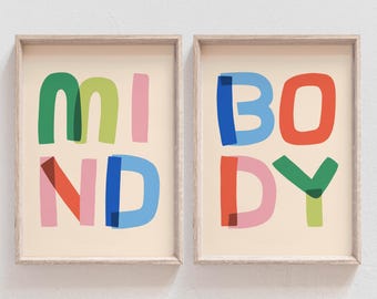 Juego de 2 pósteres imprimibles originales y divertidos de yoga y pilates con cita tipográfica atrevida, decoración de estudio moderna y colorida, galería de arte de pared.