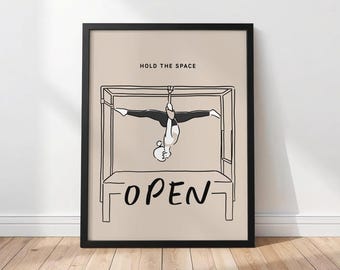 Letrero de Pilates abierto para estudio imprimible, linda ilustración con cita inspiradora de Pilates, póster de ejercicios de inversión de splits con Cadillac de Pilates colgante