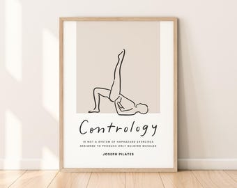 Póster imprimible con cita de Pilates moderna, ilustración de pose de ejercicio de Pilates, arte de pared, decoración de pared de estudio limpio, regalo para entusiastas del Pilates.