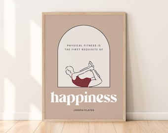 Póster de pilates retro, arte de pared imprimible con cita positiva, impresión artística sobre bienestar y felicidad, decoración de estudio de yoga y pilates moderna de mediados de siglo