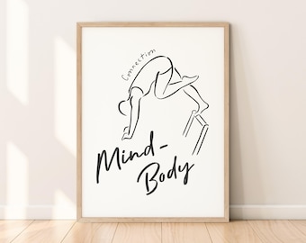Plakat do wydrukowania z ćwiczeniami Pilatesa, Modna pozycja do ćwiczeń Pilates Reformer, Ilustracja rysowana ręcznie z umysłem i ciałem, Nowoczesny wystrój ścienny do studia