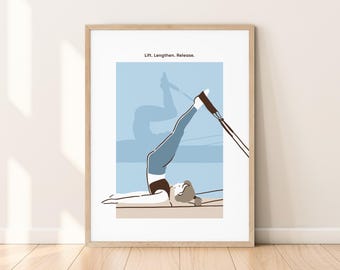Ilustración imprimible de posturas de ejercicios de Pilates, póster moderno de Pilates, arte de pared limpio para estudio de Pilates en tonos azules, beige y marrón, regalo de Pilates
