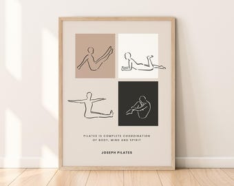 Arte mural imprimible del principio de Pilates, decoración de pared para estudio de Pilates, póster con dibujo en blanco y negro y beige, ilustración de poses de ejercicios dibujadas a mano.