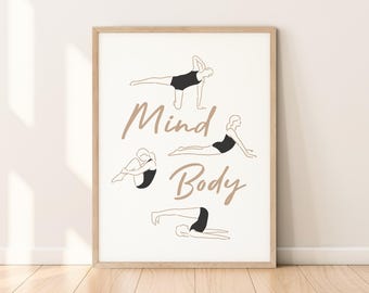 Póster de ejercicios de Pilates con tapete, ilustración dibujada a mano, decoración de pared de estudio de Pilates limpio, arte de pared imprimible de Pilates con mente y cuerpo neutros